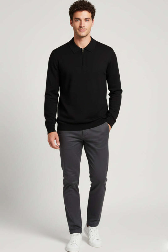 Polo Yaka Fermuarlı Merserize T-shirt Siyah