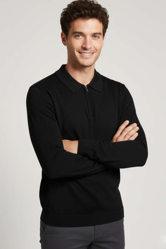 Polo Yaka Fermuarlı Merserize T-shirt Siyah