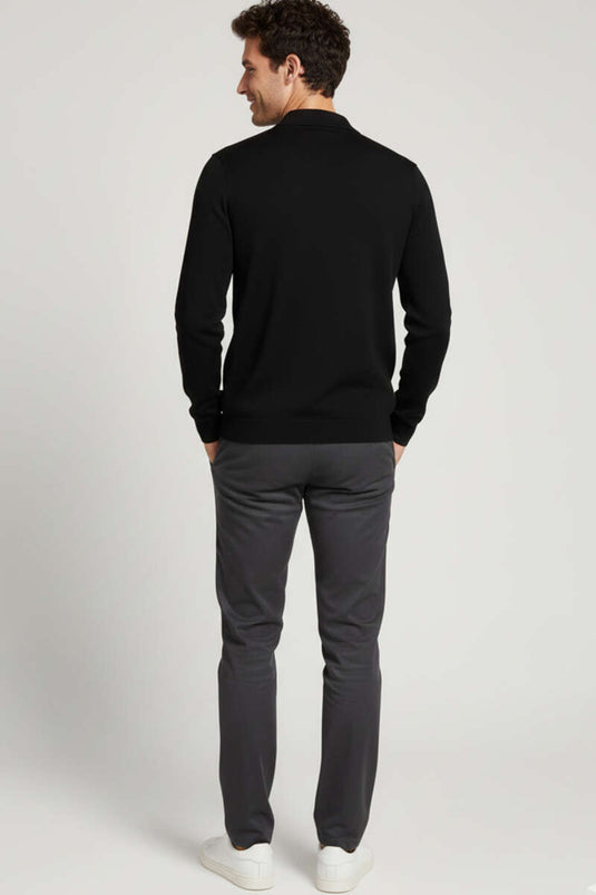 Polo Yaka Fermuarlı Merserize T-shirt Siyah