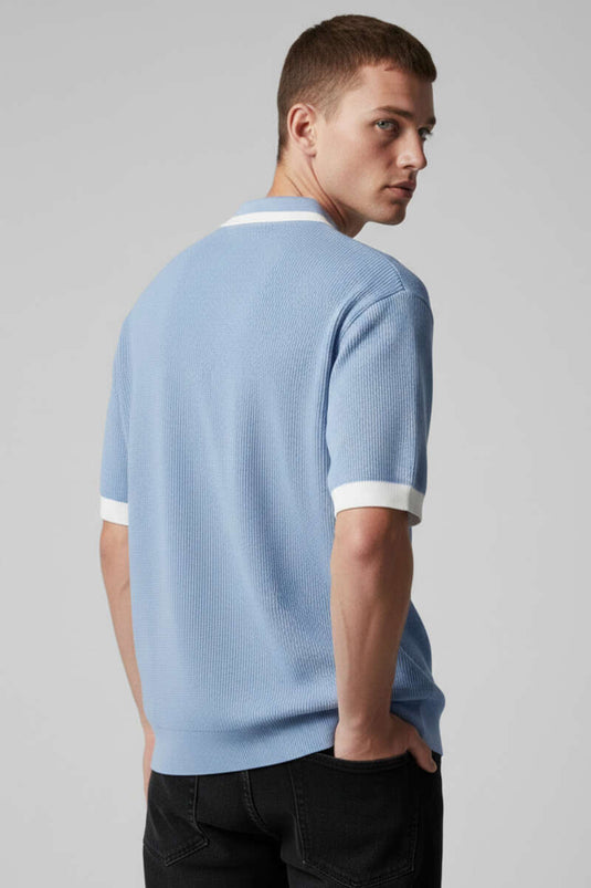 Polo Collar Zippered Mercerized Knit T-Shirt Baby Blue