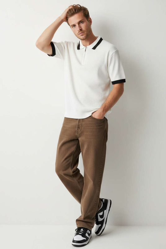 Polo Collar Zip-Up Mercerized Knit T-Shirt White