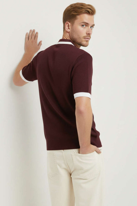 Polo Collar Zippered Mercerized Knit T-Shirt Burgundy