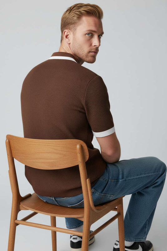 Polo Collar Zippered Mercerized Knit T-Shirt Brown