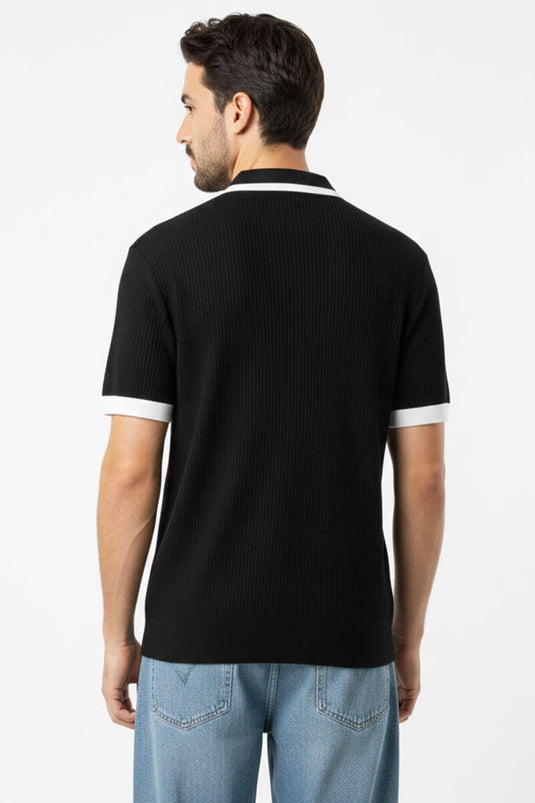 Polo Collar Zip-Up Mercerized Knit T-Shirt Black