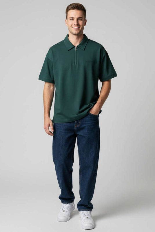 Polo Collar Zippered Oversized Men's T-shirt Olive Green