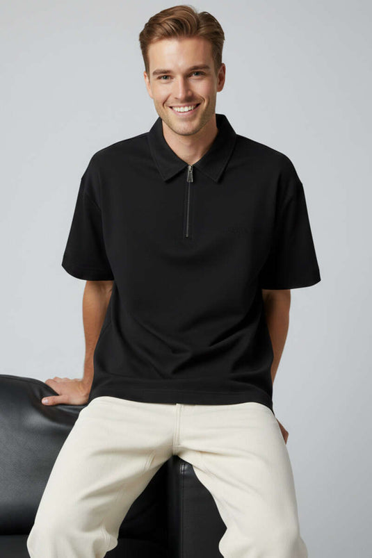Polo Collar Zippered Oversized Men's T-shirt Black