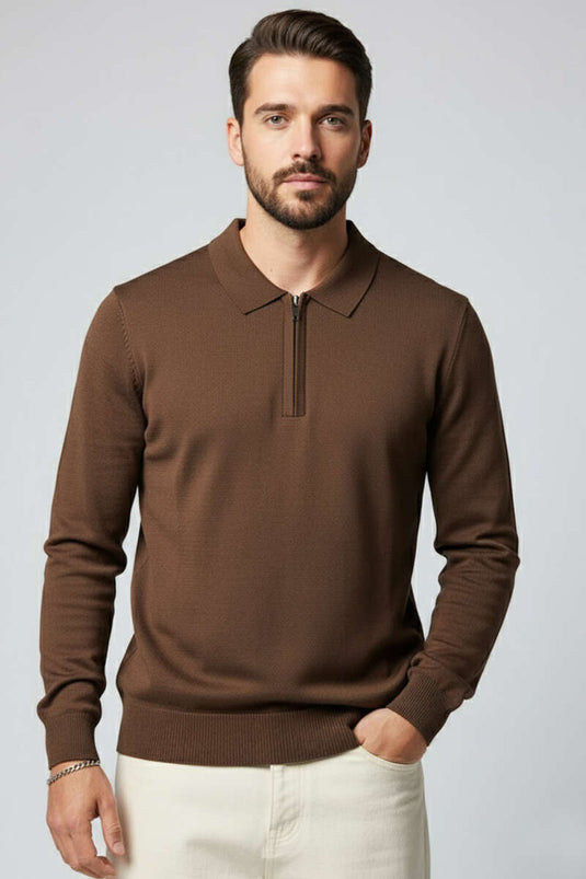 كنزة صوفية رجالية محبوكة بسحاب وياقة بولو باللون البني الداكن