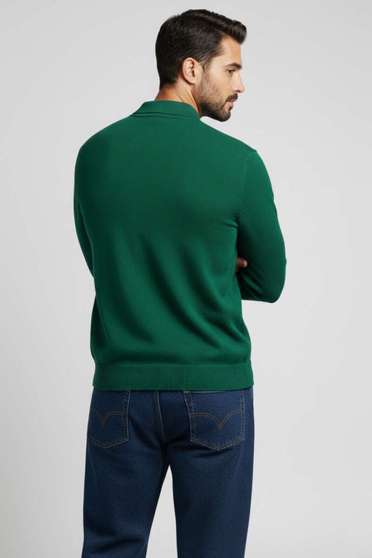 Pull en maille à col polo zippé pour homme, vert foncé