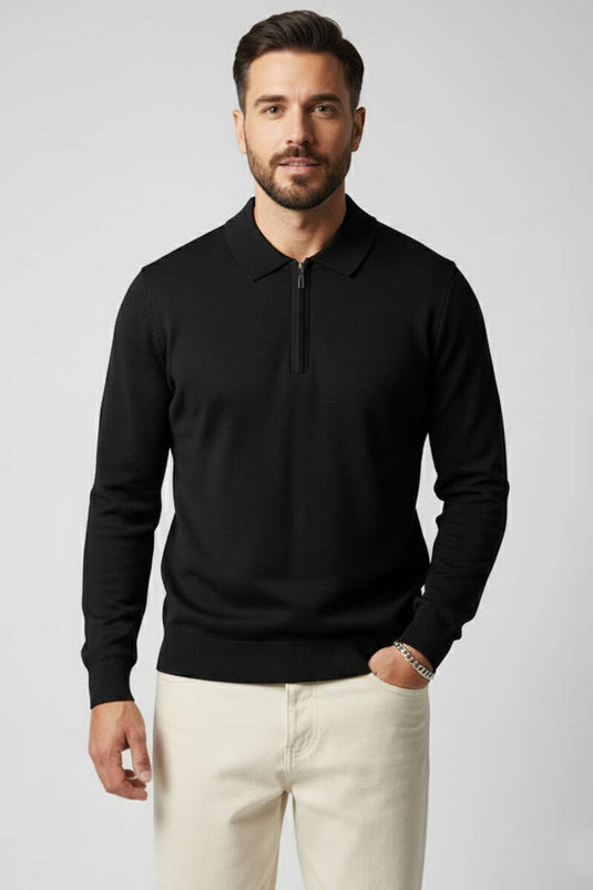 Pull en maille à col polo zippé pour homme, noir