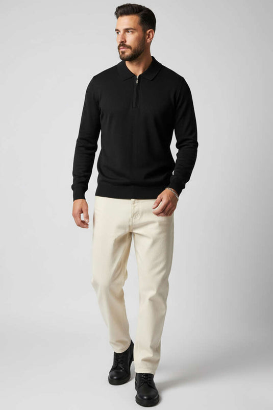 Pull en maille à col polo zippé pour homme, noir