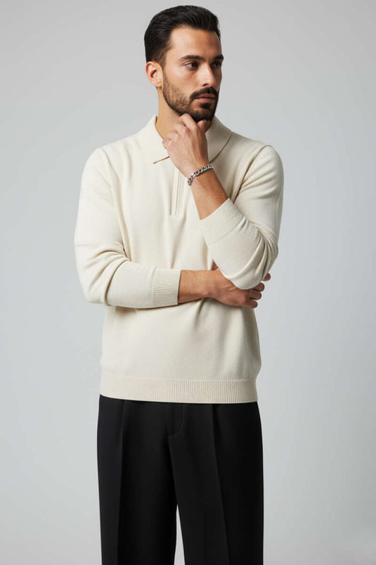 كنزة صوفية رجالية بياقة بولو وسحاب أمامي بلون حجري