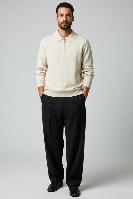 Pull en maille à col polo zippé pour homme, couleur pierre