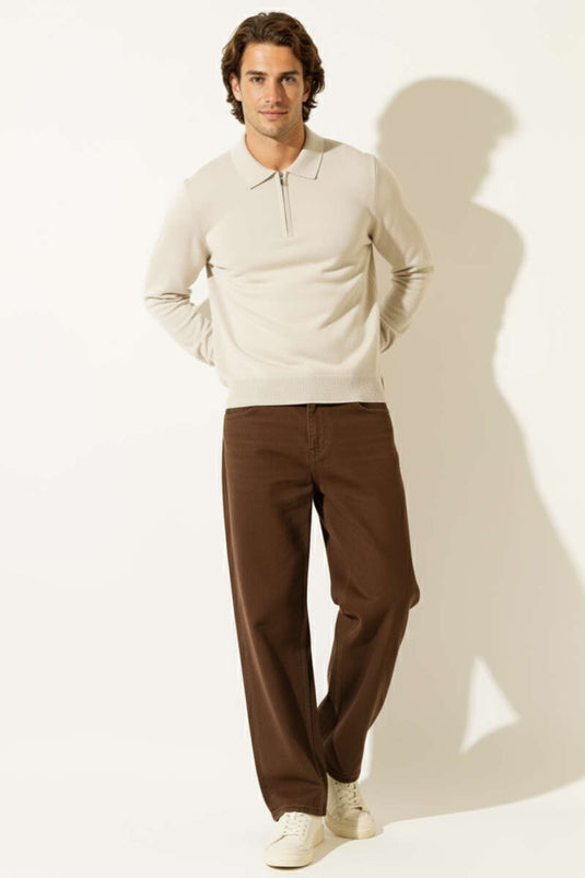 Polo Collar Zip-Up Knit Sweater, Beige