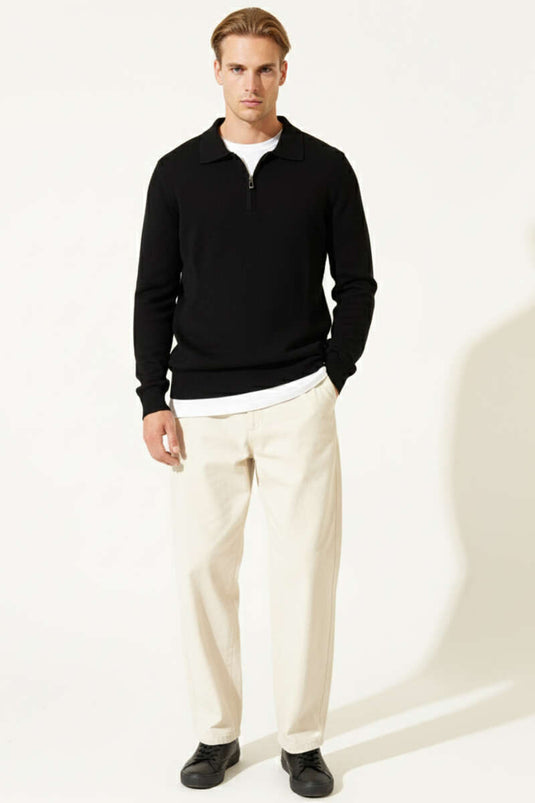 Polo Collar Zip-Up Knit Sweater, Black
