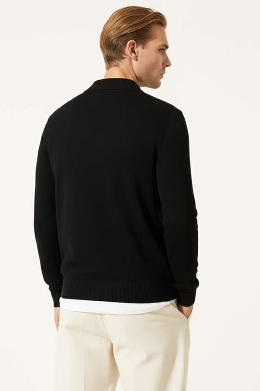 Polo Collar Zip-Up Knit Sweater, Black