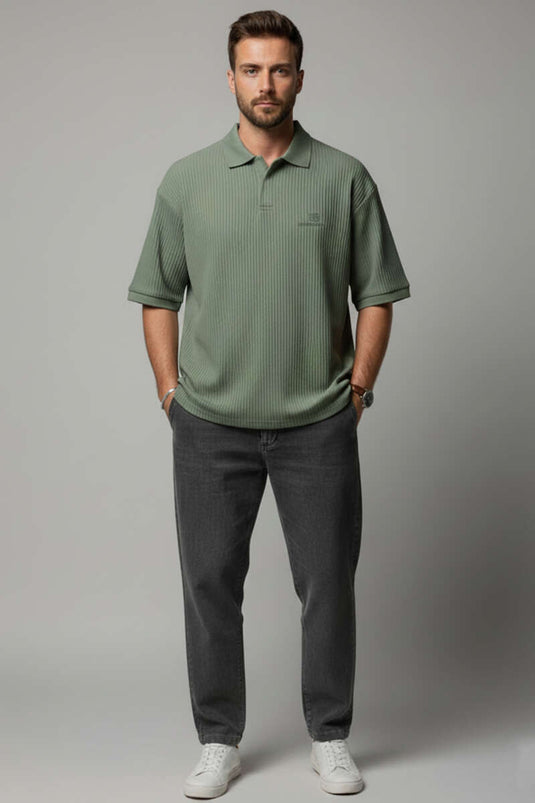 T-shirt oversize à col polo côtelé pour homme, kaki