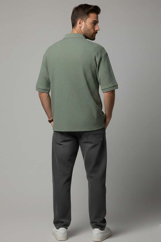 T-shirt oversize à col polo côtelé pour homme, kaki