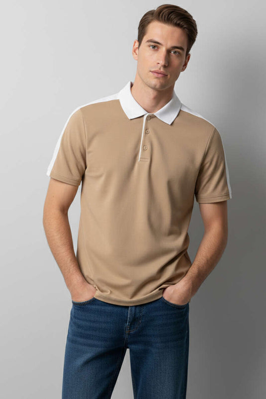 Men's T-shirt with Polo Collar and Yarn Detail Camel