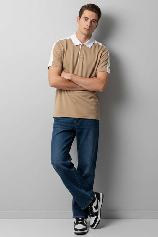 Men's T-shirt with Polo Collar and Yarn Detail Camel