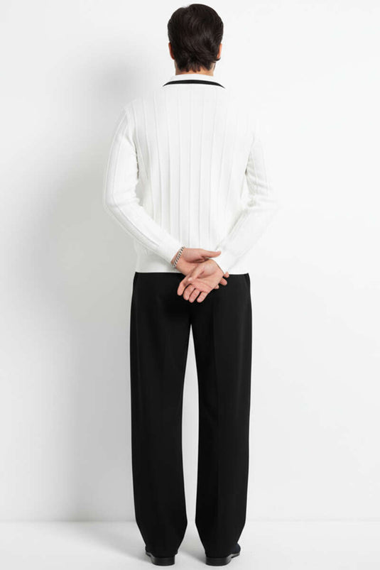 Men's Long-Sleeved Polo Collar Sweatshirt with Trim, White