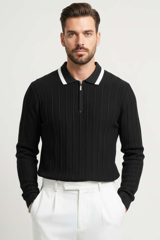 Sweat-shirt à manches longues pour homme avec col polo, noir