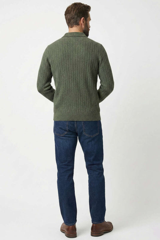 Sweat-shirt pour homme à col polo, rayures en relief, couleur kaki