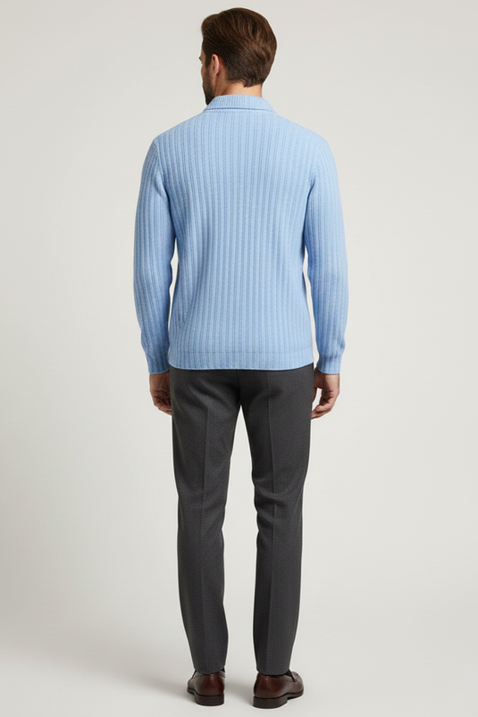 Sweat-shirt pour homme à col polo, rayures en relief, bleu