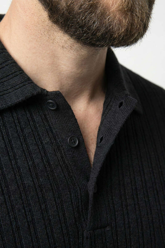 Polo Yaka Kabartma Çizgili Erkek Sweatshirt Siyah