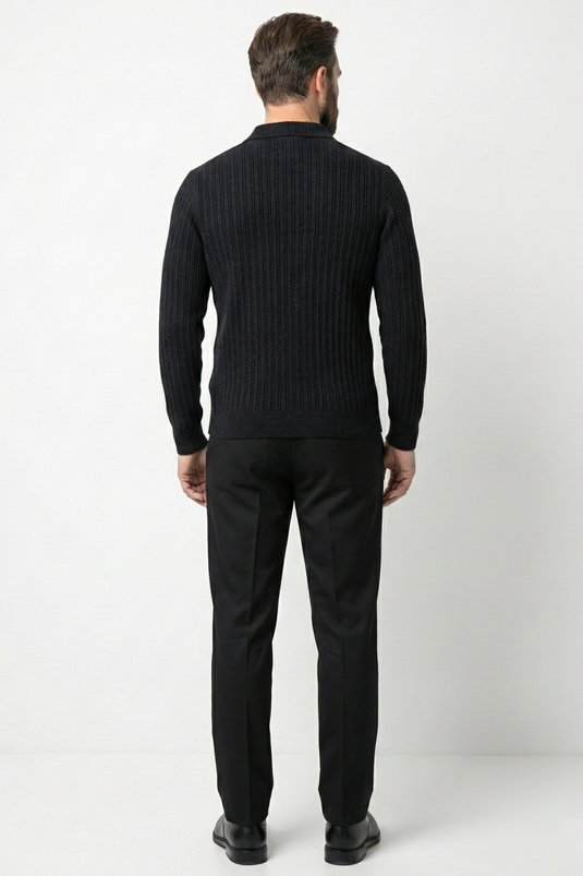 Polo Yaka Kabartma Çizgili Erkek Sweatshirt Siyah