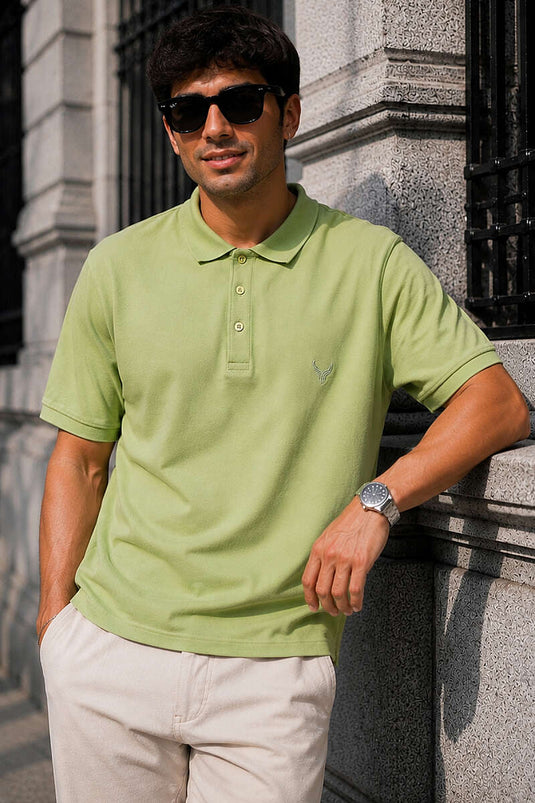 Polo Yaka Kol Ribanalı Erkek T-shirt Elma Yeşili