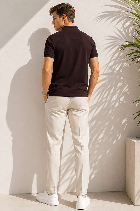 Polo-Kragen Herren-T-Shirt mit Rippbündchen, Braun