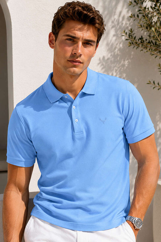 Polo Yaka Kol Ribanalı Erkek T-shirt Melanj Mavi