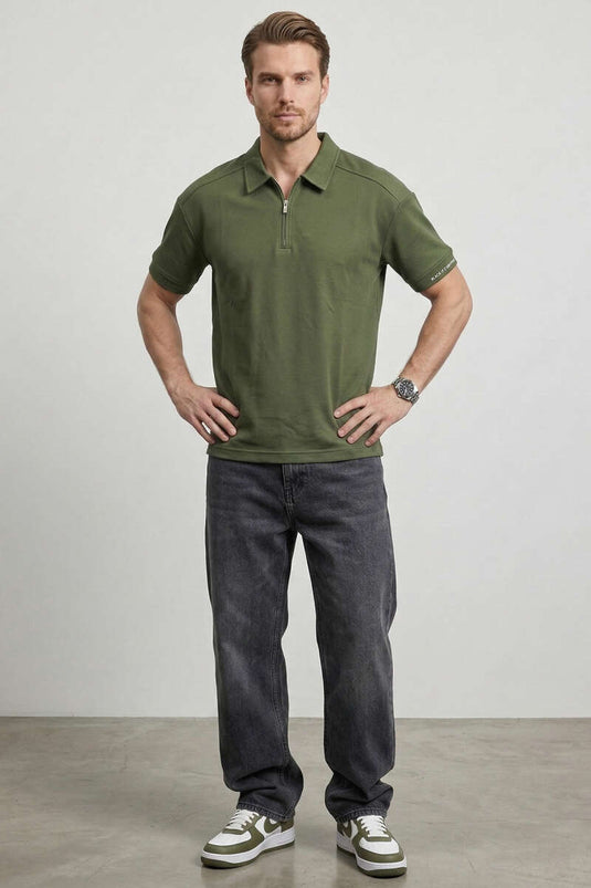 T-shirt oversize homme kaki à manches longues avec col polo et inscription sur la manche