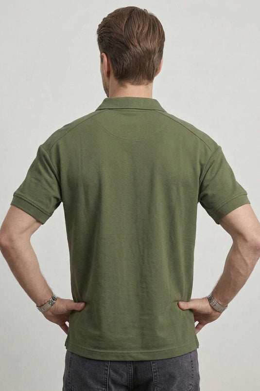 T-shirt oversize homme kaki à manches longues avec col polo et inscription sur la manche