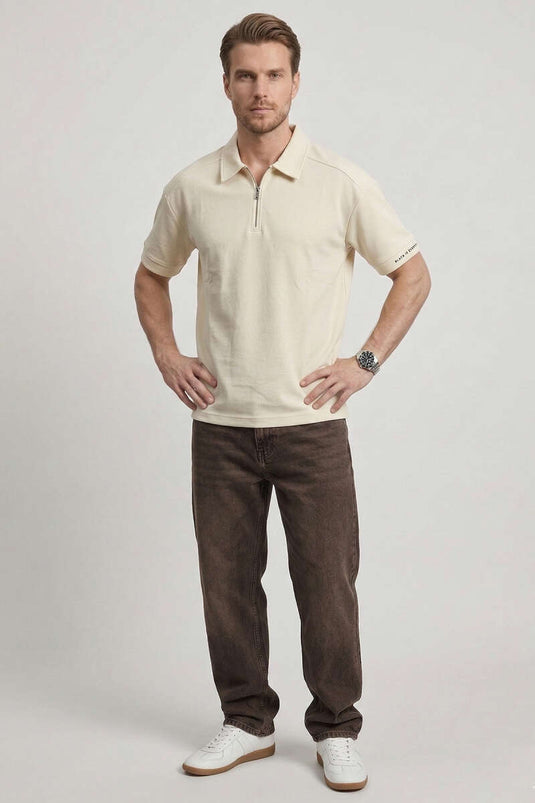 T-shirt oversize pour homme à manches longues avec col polo et inscription, couleur os