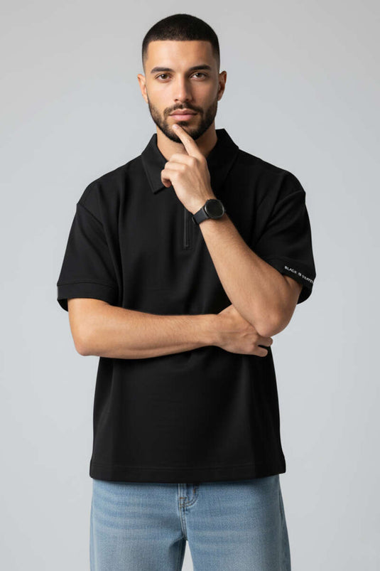 Polo Collar Sleeve Printed Oversize Men's T-shirt Black