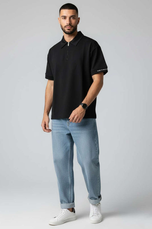 Polo Collar Sleeve Printed Oversize Men's T-shirt Black