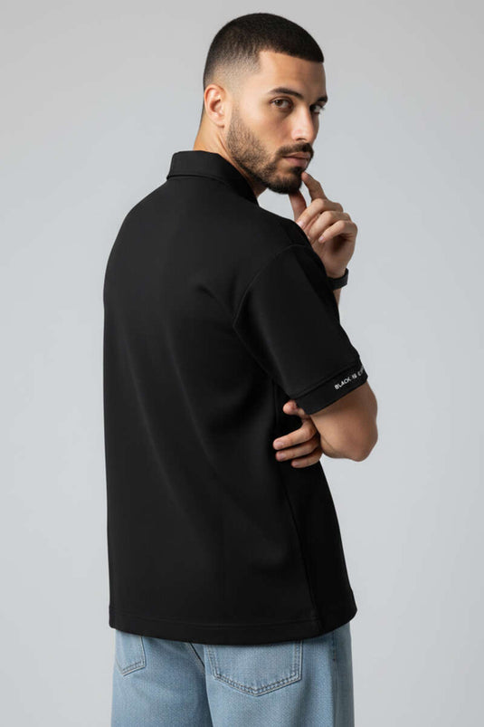 Polo Collar Sleeve Printed Oversize Men's T-shirt Black