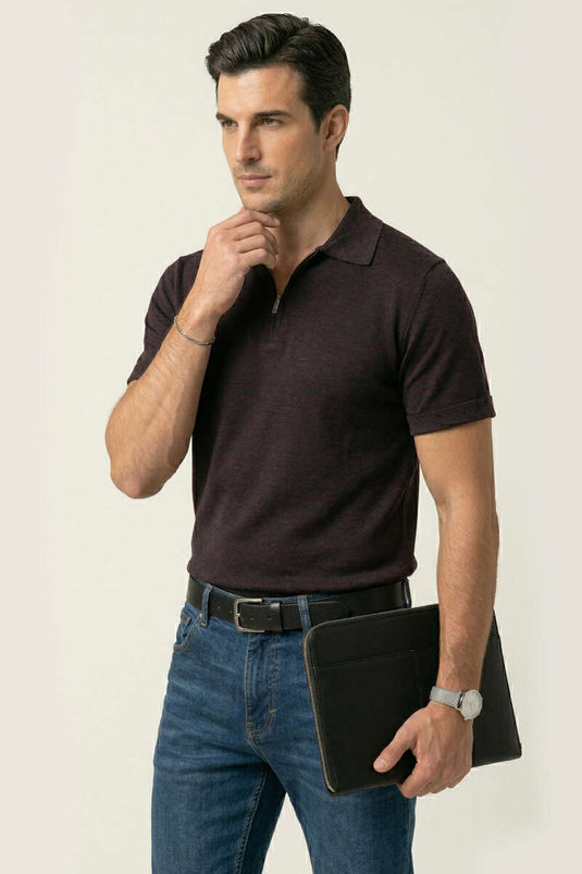 T-shirt uomo in cotone mercerizzato con collo a polo, bordeaux