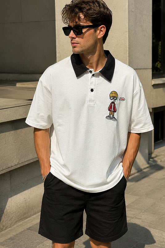 T-shirt homme à col polo brodé blanc