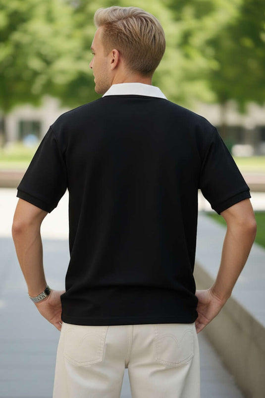 Polo Yaka Nakışlı Erkek T-shirt Siyah