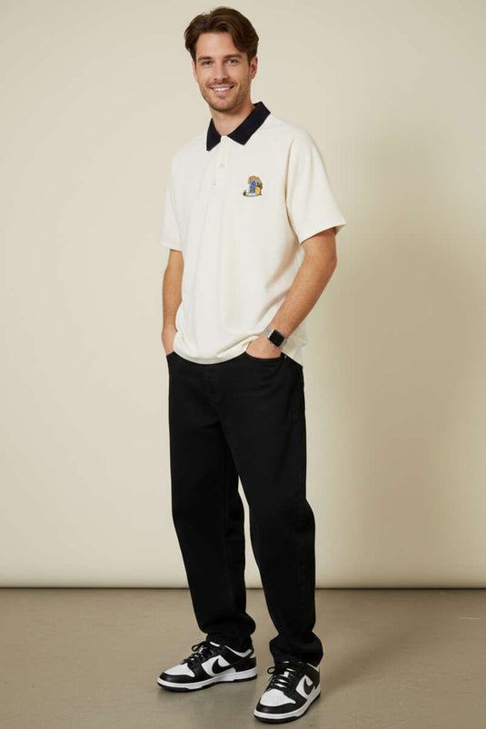 Polo Yaka Nakışlı İki İplik T-shirt Ekru