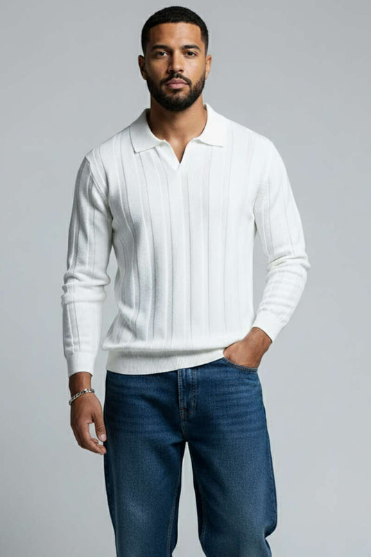 Maglione da uomo con colletto polo e dettaglio in maglia a nido d'ape, ecrù