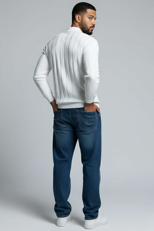 كنزة رجالية بياقة بولو وتفاصيل حياكة على شكل خلية نحل، لون بيج فاتح