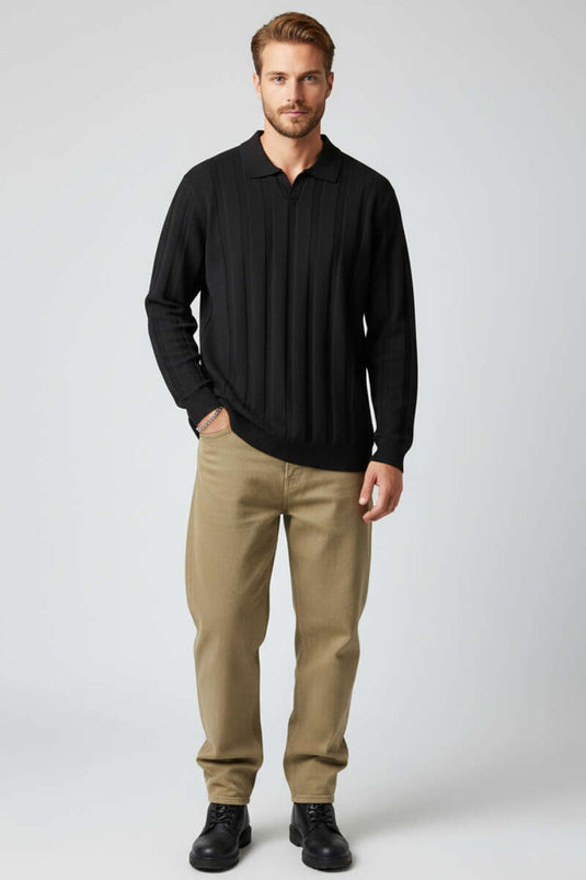 كنزة رجالية بياقة بولو وتفاصيل حياكة على شكل خلية نحل، أسود