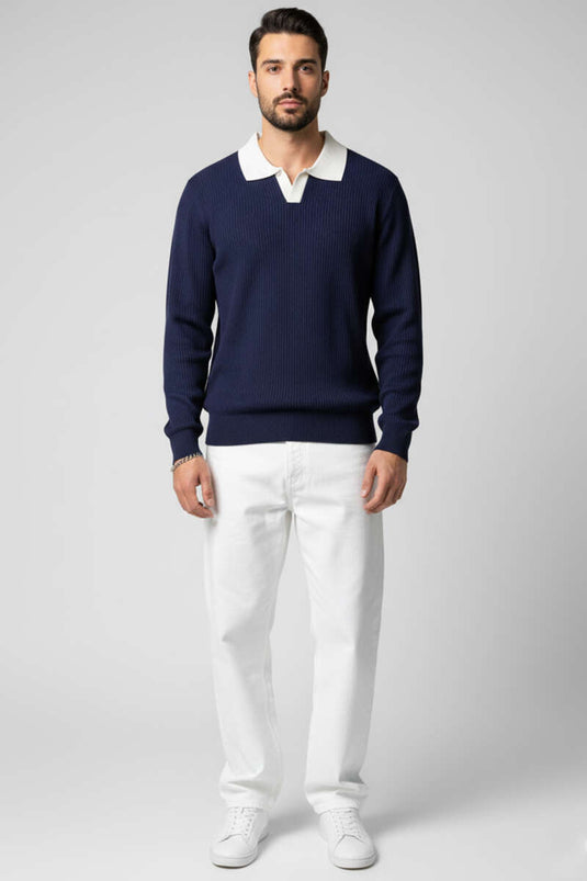 Polo Yaka Renkli Triko Kazak Lacivert