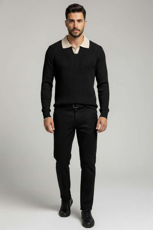 Polo Collar Colorful Knitted Sweater Black