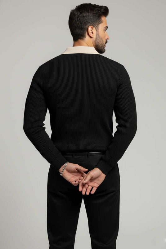 Polo Collar Colorful Knitted Sweater Black