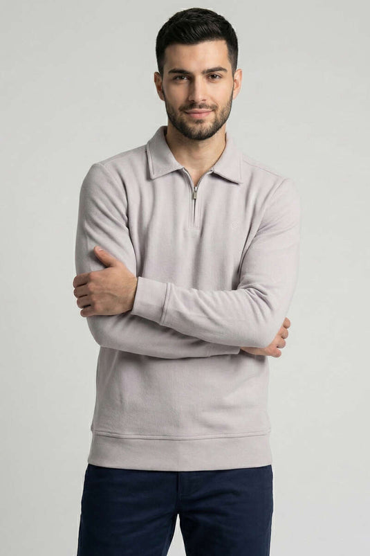 كنزة رجالية برقبة بولو مضلعة رمادية