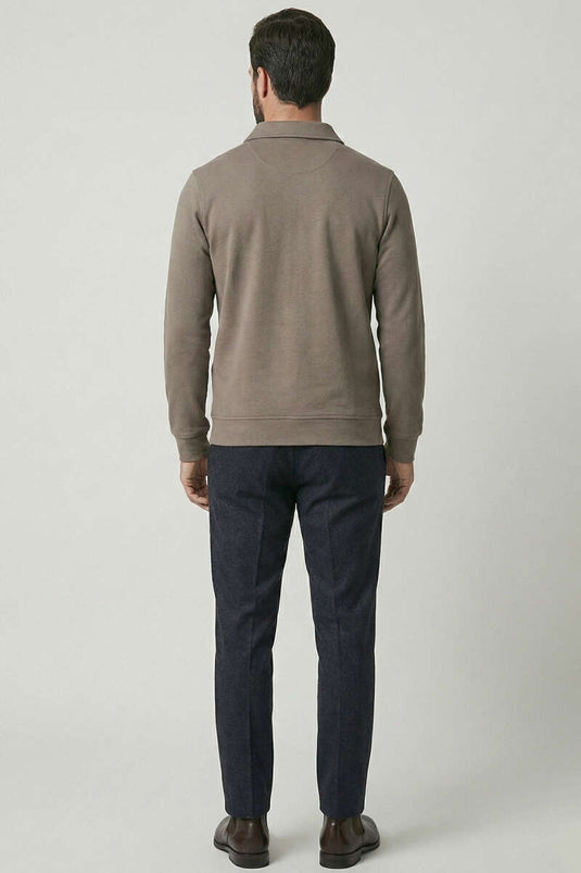 Men's Sweatshirt with Polo Collar and Ribbing, Ash